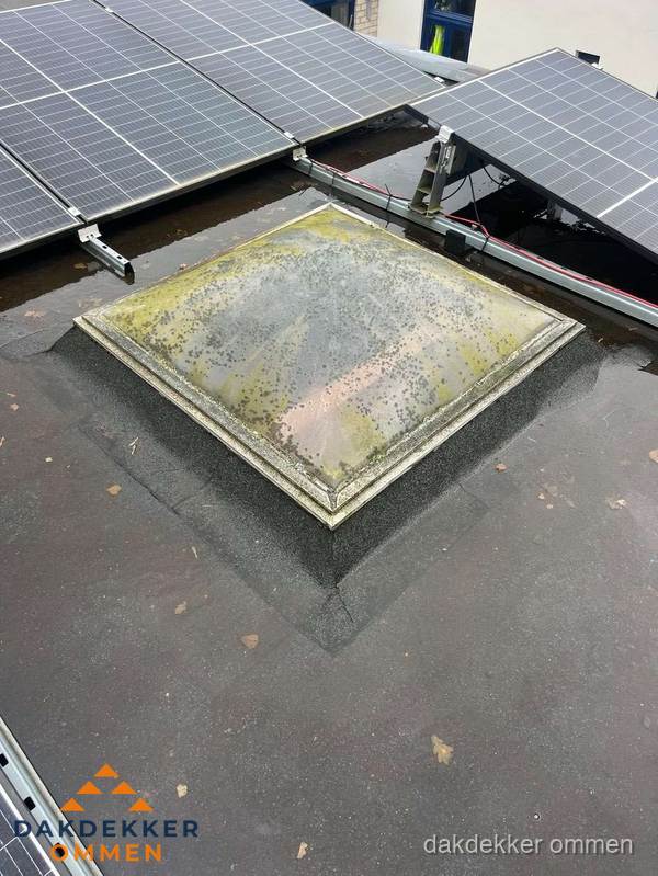 Vervuilde lichtkoepel op plat dak met zonnepanelen in Ommen Vervuilde lichtkoepel op plat dak met zonnepanelen in Ommen